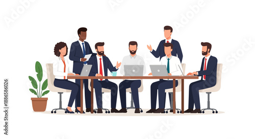 Diverse Business Team Meeting at Conference Table. Professionals collaborating, discussing strategy, and working with laptops. Modern flat vector illustration isolated on white.