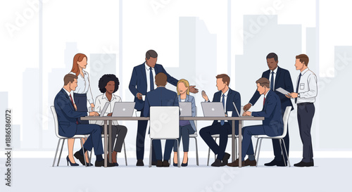 Diverse Business Team Meeting in Modern Office. Professional Staff Collaboration, Strategy, and Planning. Vector Illustration.