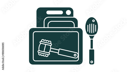Kitchen cutting board set icon.A household tool made from wood and plastic, perfect for slicing and preparing food, plus gear for pounding meat and filleting fish.