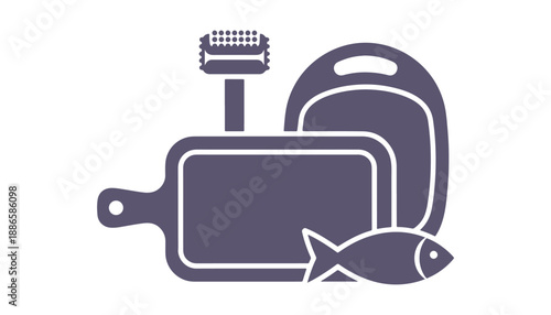 Icon of a kitchen cutting board set.
Household tools made of wood and plastic for chopping and preparing food, as well as equipment for tenderizing meat and filleting fish.