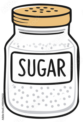 Cartoon illustration of a glass sugar shaker with a handwritten label