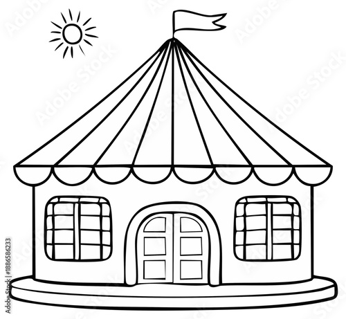 Whimsical Black and White Illustration of a Circus Tent Under a Sunny Sky