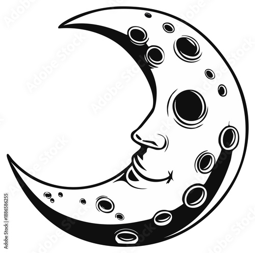 Smiling crescent moon illustration black and white cartoon style celestial body