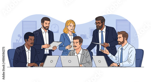 Diverse Business Team Meeting. Professionals Collaborating, Discussing Strategy, and Working on Laptops in a Corporate Office Illustration.