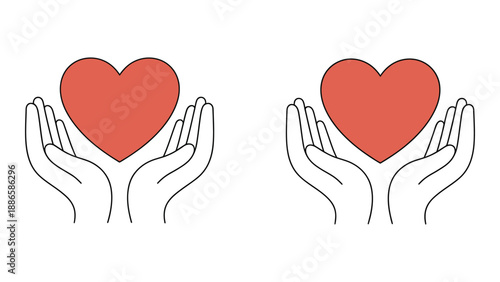  minimal line illustration of hands holding heart symbols, love care and charity concept, donation support icon, kindness compassion healthcare and giving design