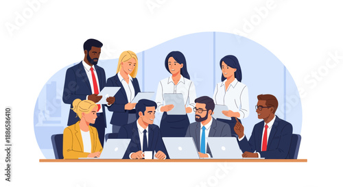 Diverse Business Team Collaboration Meeting. Professional Corporate Group Working Together, Discussing Strategy, and Planning in a Modern Office Environment.