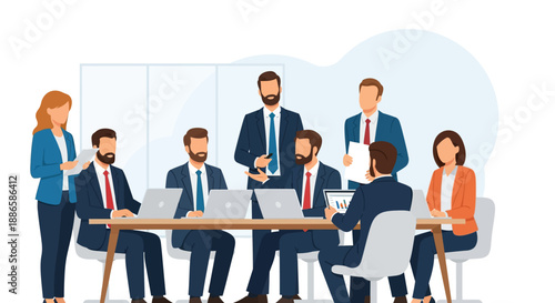 Business Meeting Vector Illustration: Corporate Team Collaboration, Presentation, and Strategy Discussion in Office