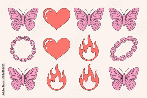 Collection of retro-style graphic elements includes pink butterflies, red hearts, chain rings, and stylized flames.