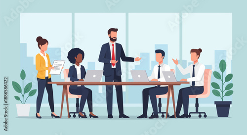 Diverse Business Team Meeting Illustration. Manager Leading Corporate Presentation, Collaboration, and Strategy Discussion in Modern Office Boardroom.
