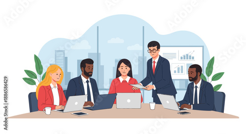 Diverse Business Team Meeting. Corporate professionals collaborating on a project strategy, presentation, and data analysis in the modern office boardroom.