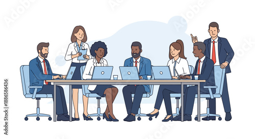Diverse Business Team Meeting Illustration. Professionals Collaborate, Working on Laptops at a Corporate Conference Table.