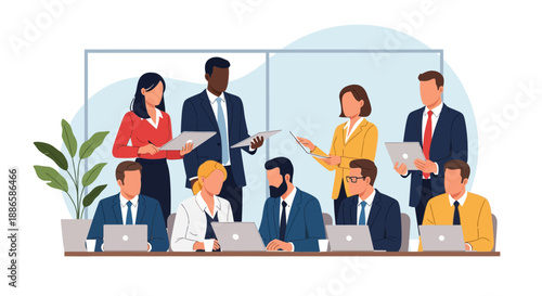 Corporate Team Working Together in a Business Meeting. Diverse Group of Professionals Collaborating, Planning Strategy, and Using Laptops in the Boardroom.