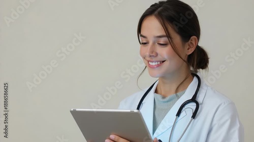 Reading doctor with white lab coat and stethoscope reviewing tablet at clinic, smiling after result