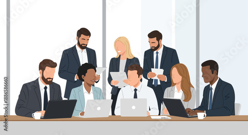 Diverse Business Team Collaboration in Modern Office. Professional Staff Working on Laptops and Documents in a Conference Meeting. Vector Illustration.