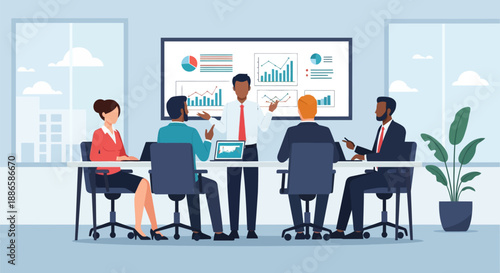 Diverse Business Team Meeting. Manager Presenting Data Charts and Financial Reports on Screen. Corporate Strategy and Collaboration.
