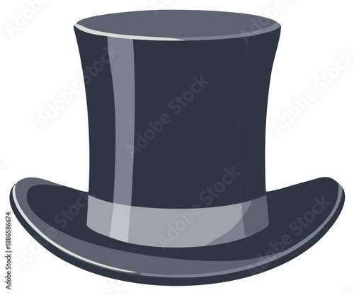 Classic tall black top hat with a grey ribbon band for formal attire