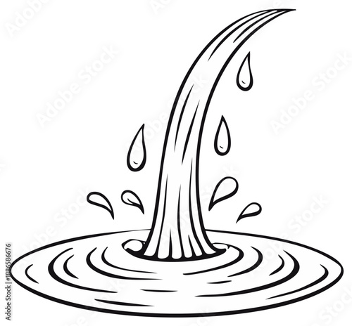 Black and white illustration of a stream of water pouring into a circular pool with ripples