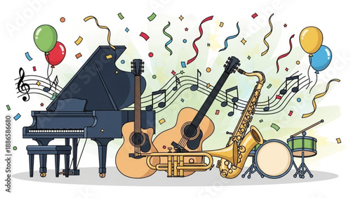 Musical instruments and party elements a festive illustration for music events and celebrations vector art on white background