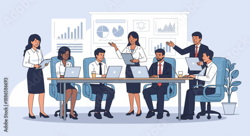 Business Team Meeting and Presentation. Diverse Professionals Discussing Data and Strategy in Corporate Office. Vector Illustration.