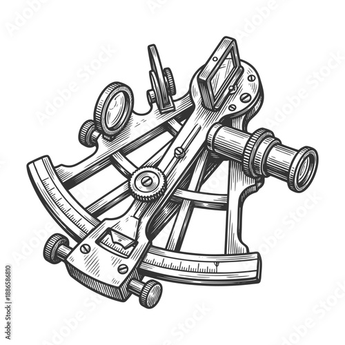 classic sextant, a historical navigation instrument used by sailors to measure celestial angles sketch engraving generative ai vector illustration. Scratch board imitation. Black and white image.