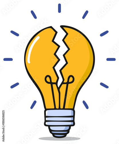 Broken light bulb symbolizing failed idea or loss of creativity with radiating lines