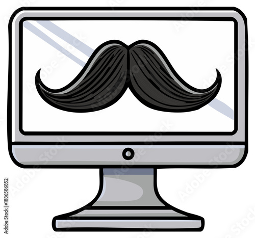 Cartoon computer screen showing a large black mustache, monitor display with comical facial hair