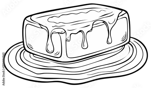 Rectangular Cake with Dripping Icing on a Plate Graphic Outline Illustration