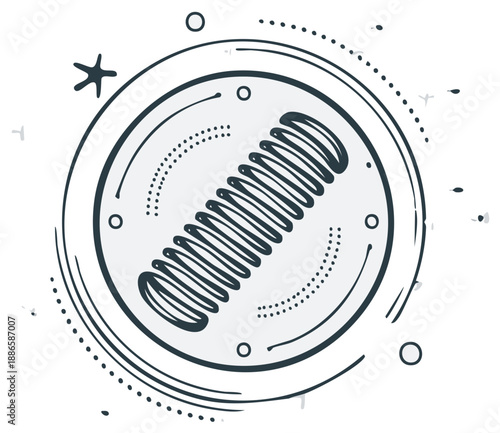 Stylized scientific icon of a coiled spring or helix in a circular badge with abstract radiating lines and dots