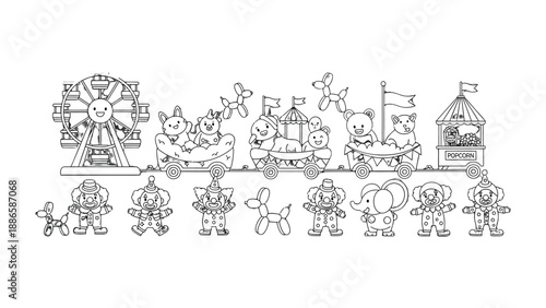 Whimsical Circus Train: A charming illustration depicts a delightful circus train, packed with various animal performers and festive elements, inviting viewers into a world of fun and spectacle.