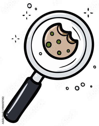 Magnifying glass examining a bitten cookie with green chocolate chips and sparkling elements