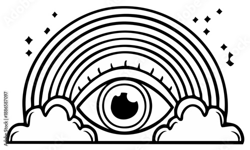 Line Art Mystic Eye Rainbow Clouds with Stars Symbol Illustration