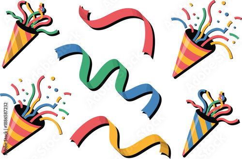 Party poppers exploding with colorful streamers and confetti bits signify an energetic celebration or joyous announcement.