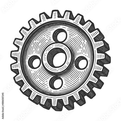 gear wheel symbolizing engineering, machinery, mechanics, and industrial technology in a retro black and white look sketch engraving generative ai vector illustration. Scratch board. Black and white.