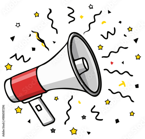 Cartoon megaphone with confetti streams and stars for promotional message announcement
