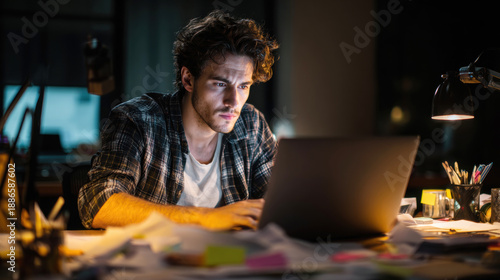 Focused man working late on laptop in home office, screen illuminating face during intense night project