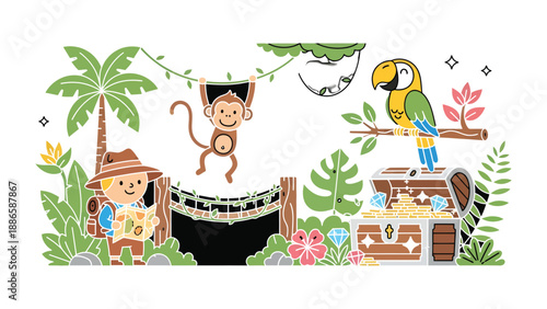 Jungle Adventure: An illustrated scene depicting an explorer's exciting jungle adventure, with a friendly monkey, vibrant parrot, hidden treasure, and lush vegetation. 