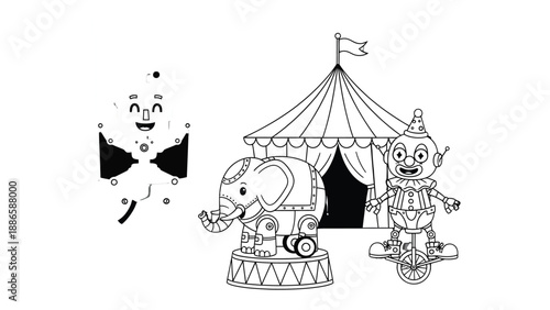 Circus illustration with a clown and elephant: A whimsical illustration features a jovial clown balanced on a unicycle and a mechanical elephant next to circus tent.