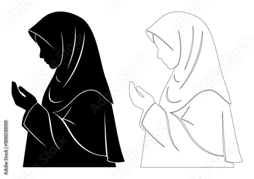 Woman praying in hijab silhouette and line art