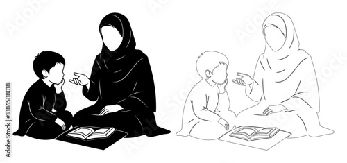Mother teaching child reading book silhouette