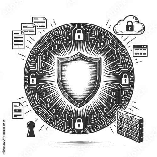 glowing shield surrounded by binary code, padlocks, cloud, and firewall icons symbolizing digital data protection sketch engraving generative ai vector illustration. Scratch board. Black and white.