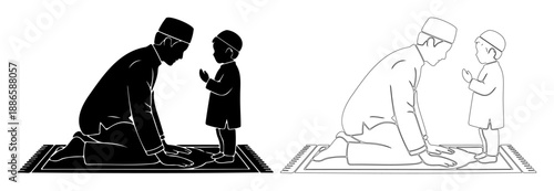 Muslim man and boy praying silhouette icon