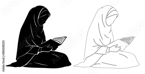 Muslim woman reading holy book, silhouette and outline