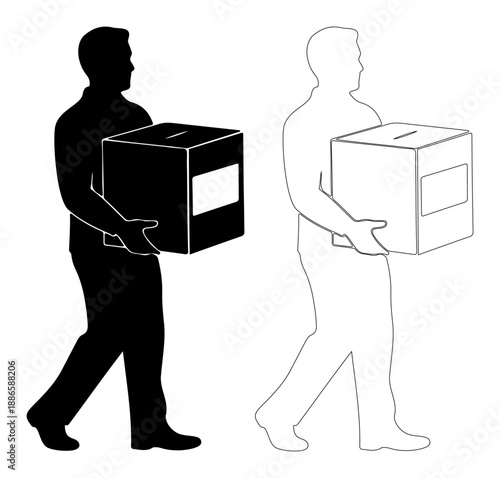 Man carrying donation box, silhouette with outlined drawing