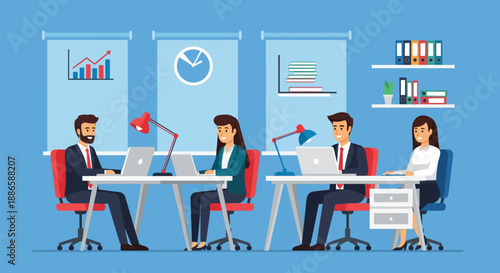 Business Team Working at Desks in Modern Office. Flat Design Vector Illustration of Corporate Productivity and Growth.