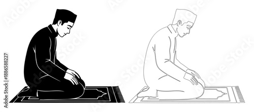 Muslim man kneeling on prayer mat graphics