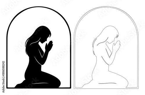 Woman praying in arched window silhouettes