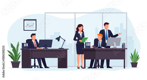 Business Team Collaboration in Modern Office. Professional Employees Working at Desks, Workflow, Corporate Manager Staff Meeting. Flat Vector Illustration.