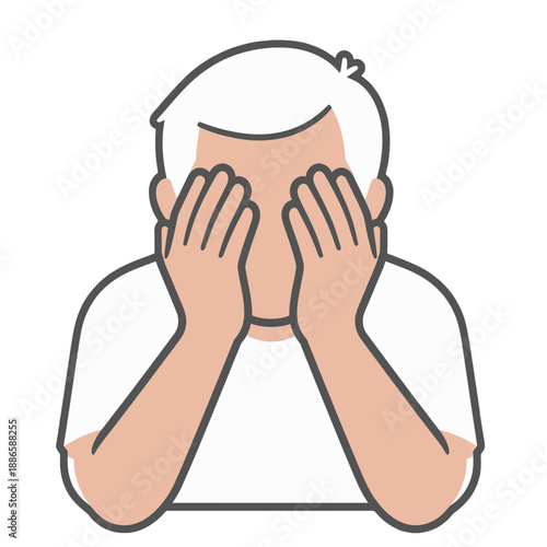 Elderly man covering his face with hands, vector icon.