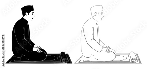 Muslim man praying on mat silhouette and outline