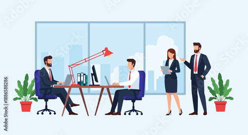 Corporate Team Working in Modern Office. Business Professionals collaborating on a project, focused on productivity and teamwork. Flat Vector Illustration.